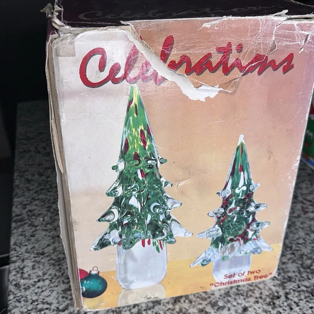 Vintage Red Green Art Glass Christmas Tree Sculpture Heavy 12 in And 8 in TWO